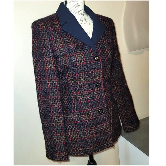 LUCA LUCA Size 44 EUR 100% WOOL Navy Blue Italian Tweed Ladies Blazer Size 8 US - Picture 2 of 11